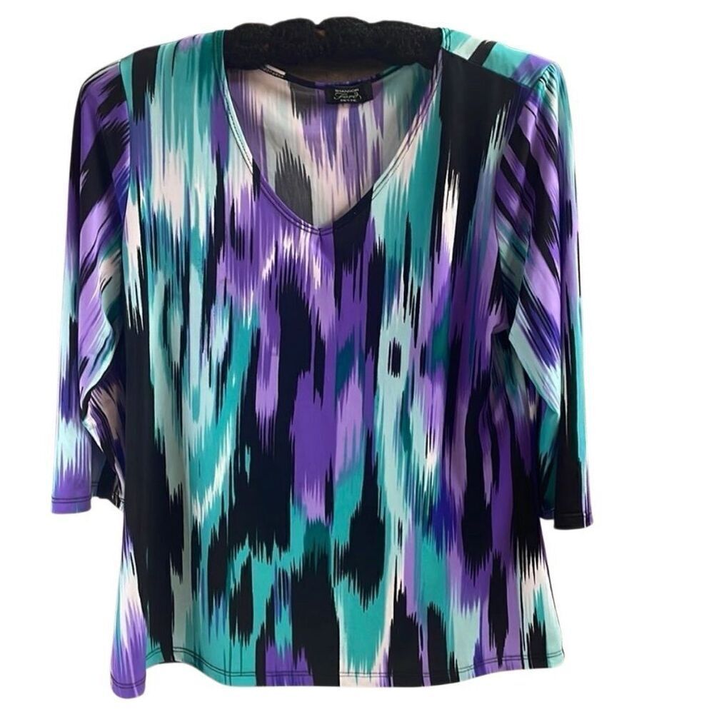 SHANNON FORD Womens Vneck 3/4 Sleeve Blouse Size Petite Large Purple Teal Black